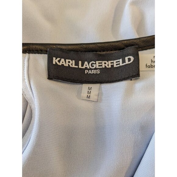 Karl Lagerfeld Women Sleeveless Top M Icy Blue Floral Appliqué Faux Leather Trim - Picture 6 of 7